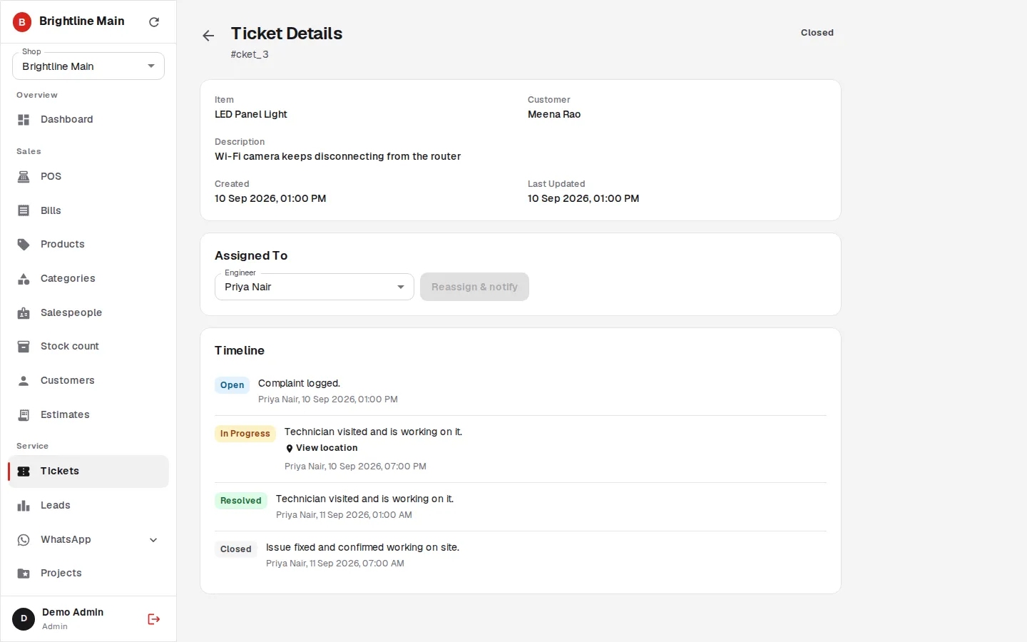 A complaint becomes a ticket with an owner and a timeline, photos included, from logged to closed.