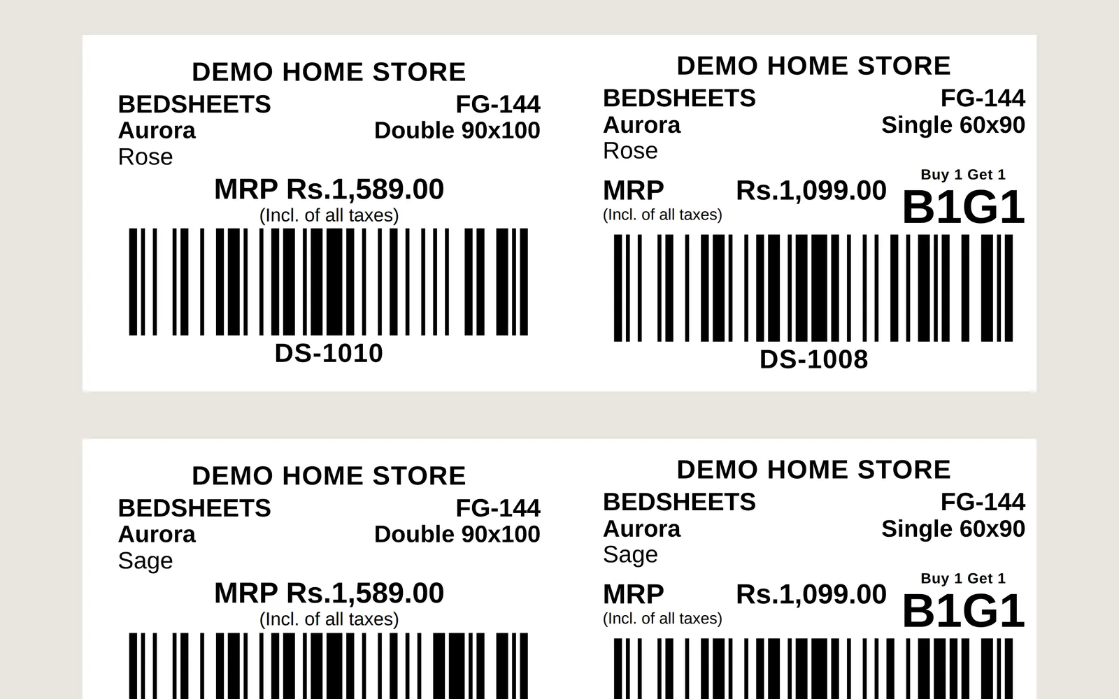 Barcode price tags ready to print, with MRP, size, colour and the Buy 1 Get 1 offer on the tag.